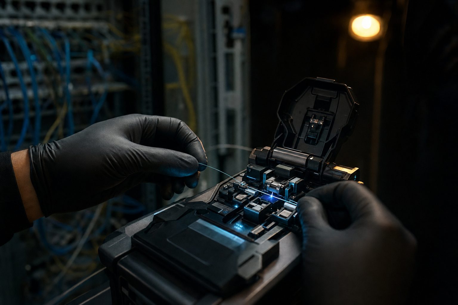 Technician fusion splicing single-mode fiber optic cable in a commercial telecom room