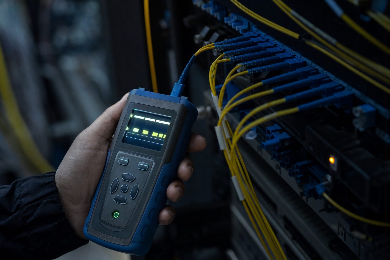Handheld fiber optic certification tester connected to a single-mode fiber patch panel